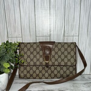 Gucci Vintage GG Monogram Canvas Crossbody Clutch Bag Brown Leather Trim